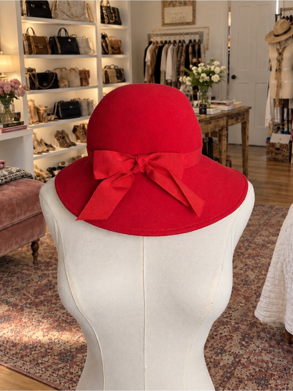 Importina Vintage Red Wool Cloche Hat with Grosgrain Bow